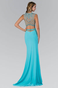 Elizabeth K GL1328X Beaded Illusion Back Cutout Side Slit Full Length Gown in Tiffany - SohoGirl.com