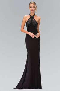 Elizabeth K GL1330X Sequin Embellished Halter Wrap Open Back Floor Length Gown in Black - SohoGirl.com