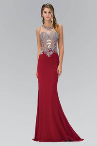 Elizabeth K GL1331X Metallic Lace Illusion Sweetheart Open Back Floor Length Gown in Burgundy - SohoGirl.com