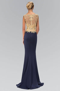 Elizabeth K GL1340D Golden Scoop Neck Illusion Bodice Full Length Jersey Gown in Navy - SohoGirl.com