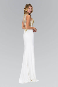 Elizabeth K GL1343X High Neck Sweetheart Illusion Jewel Accent Full Length Gown in Ivory Gold - SohoGirl.com