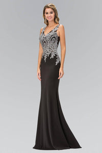 Elizabeth K GL1351P Sheer Open Back Lace Embellished Full Length Gown in Black - SohoGirl.com