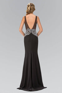 Elizabeth K GL1351P Sheer Open Back Lace Embellished Full Length Gown in Black - SohoGirl.com