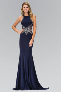 Elizabeth K GL1357P High Neck Illusion Back Jersey Full Length Gown in Navy - SohoGirl.com