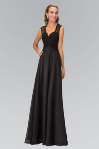 Elizabeth K GL1376P Lace Detail Twisted Sweetheart Bodice Floor Length Chiffon Gown in Black - SohoGirl.com