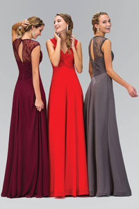 Elizabeth K GL1376P Lace Detail Twisted Sweetheart Bodice Floor Length Chiffon Gown in Burgundy - SohoGirl.com