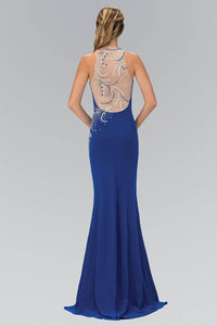 Elizabeth K GL1382X High Neck Swirl Beading Illusion Floor Length Gown in Royal Blue - SohoGirl.com