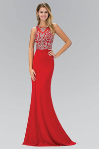 Elizabeth K GL1385X Racer Neck Open Back Bead Embellished Bodice Full Length Jersey Gown in Red - SohoGirl.com