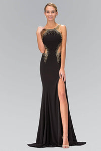 Elizabeth K GL1399H Bead Detail Side Cutout Sheer Insert Floor Length Gown with Side Slit in Black - SohoGirl.com
