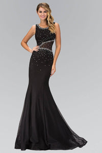 Elizabeth K GL1401H Scoop Neck Bead Embellished Illusion Back Full Length Mesh Gown in Black - SohoGirl.com
