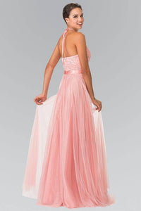 Elizabeth K GL1475 Embroidered Halter Bodice Floor Length Dress in Blush - SohoGirl.com