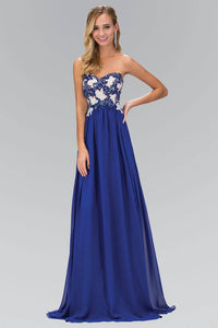 Elizabeth K GL2050H Lace Embroidered Strapless Sweetheart Bodice Full Length Chiffon Gown in Royal Blue - SohoGirl.com