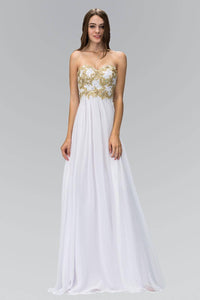 Elizabeth K GL2050H Lace Embroidered Strapless Sweetheart Bodice Full Length Chiffon Gown in White - SohoGirl.com