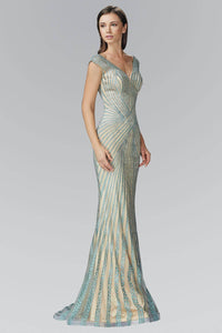 Elizabeth K GL2053D Open Back Striped Bead Embellished Sheer Overlay Full Length Satin Gown in Mint Nude - SohoGirl.com