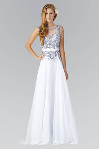 Elizabeth K GL2056D Contrast Jewel Embellished Bateau Illusion Top Full Length Gown in White - SohoGirl.com