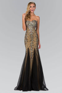 Elizabeth K GL2067Y Strapless Sweetheart Jewel Embellishment Full Length Gown with Back Corset in Black Gold - SohoGirl.com