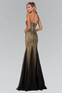 Elizabeth K GL2067Y Strapless Sweetheart Jewel Embellishment Full Length Gown with Back Corset in Black Gold - SohoGirl.com