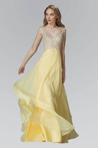 ELizabeth K GL2116P Bead Embellished V-neck Bodice Floor Length Chiffon Gown in Yellow - SohoGirl.com