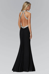 Elizabeth K GL2142X Jewel Design Plunging Keyhole Side Cutout Floor Length Gown in Black - SohoGirl.com