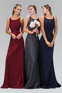 Elizabeth K GL2170T Belted Scooped High Neck Full Length Floral Lace Gown in Burgundy - SohoGirl.com