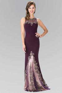 Elizabeth K GL2204 High Neck Dress Accented with Embroidery in Eggplant - SohoGirl.com