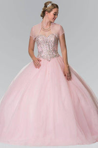 Elizabeth K GL2205 Mesh Skirt Quinceanera Dress with Beaded Details in Pink - SohoGirl.com