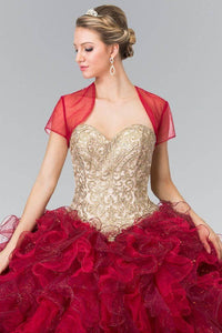 Elizabeth K GL2211 Bead Embellished Embroidery Ruffled Quinceanera Dress in Burgundy - SohoGirl.com