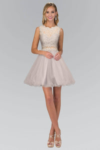 Elizabeth K GL1427P High Neck Lace Trim Sheer Waist Tulle Mini Dress in Silver - SohoGirl.com