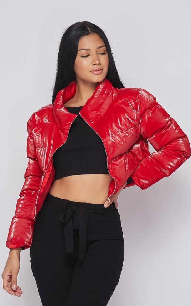 Red cropped cheap bubble coat