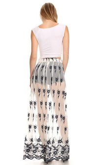 Floral Embroidered Sheer Maxi Skirt in Navy Blue - SohoGirl.com