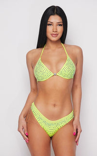 Rhinestone Triangle Bikini Two Piece Set - Neon Yellow - SohoGirl.com
