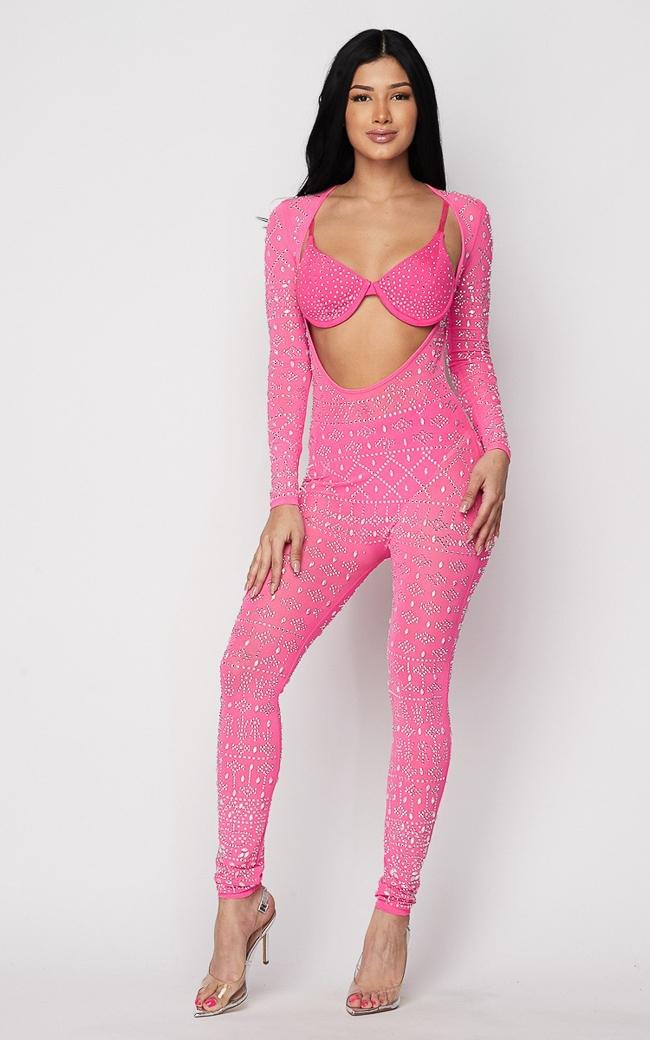 Pink Two Tone Knit Cut Out Ring Jumpsuit & Sleeves
