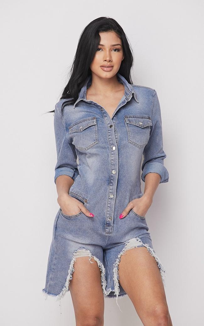 Balloon Sleeve Long Sleeve Romper Denim