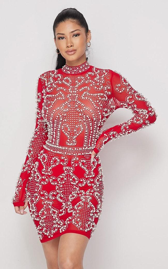 Damask Beaded Pearl Rhinestone Dress in Red – SohoGirl.com