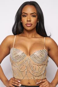 BANJUL RHINESTONE FRINGE MESH LONG SLEEVE CROP TOP-NUDE - SohoGirl.com