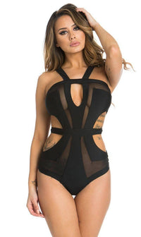 Black Widow Sheer Illusion Cut Out One Piece Swimsuit in Black - SohoGirl.com
