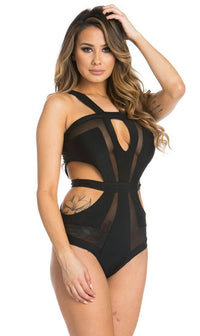 Black Widow Sheer Illusion Cut Out One Piece Swimsuit in Black - SohoGirl.com