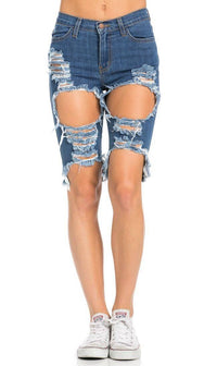 High Waisted Shredded Cut Off Bermuda Shorts in Dark Blue (Plus Sizes Available) - SohoGirl.com