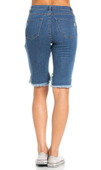 High Waisted Shredded Cut Off Bermuda Shorts in Dark Blue (Plus Sizes Available) - SohoGirl.com