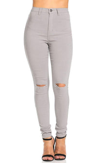 Super High Waisted Knee Slit Skinny Jeans in Light Gray - SohoGirl.com