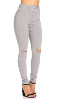 Super High Waisted Knee Slit Skinny Jeans in Light Gray - SohoGirl.com