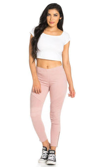 Ribbed Biker Ankle Zipped Jeggings in Dust Pink - SohoGirl.com