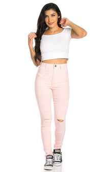 Super High Waisted Knee Slit Skinny Jeans in Light Pink - SohoGirl.com