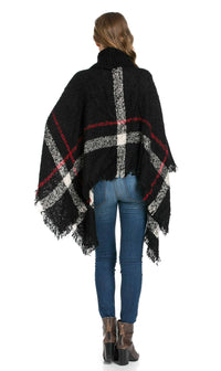 Jumbo Plaid Cowl-neck Poncho Sweater in Black - SohoGirl.com