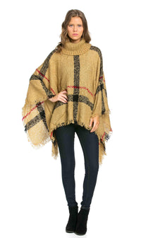 Jumbo Plaid Cowl-neck Poncho Sweater in Beige - SohoGirl.com