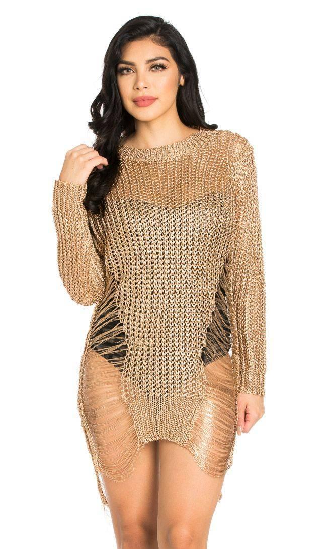 Metallic High-Low Distressed Sweater Dress in Rose Gold SohoGirl.com Metallic High-Low Distressed Sweater Dress in Rose Gold SohoGirl.com