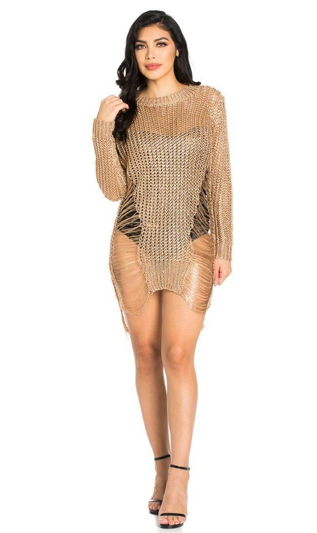 Metallic High-Low Distressed Sweater Dress in Rose Gold SohoGirl.com Metallic High-Low Distressed Sweater Dress in Rose Gold SohoGirl.com