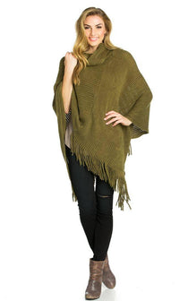 Solid Ribbed Cowl Neck Poncho in Olive - SohoGirl.com