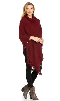Solid Ribbed Cowl Neck Poncho in Burgundy - SohoGirl.com