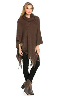 Solid Ribbed Cowl Neck Poncho in Brown - SohoGirl.com
